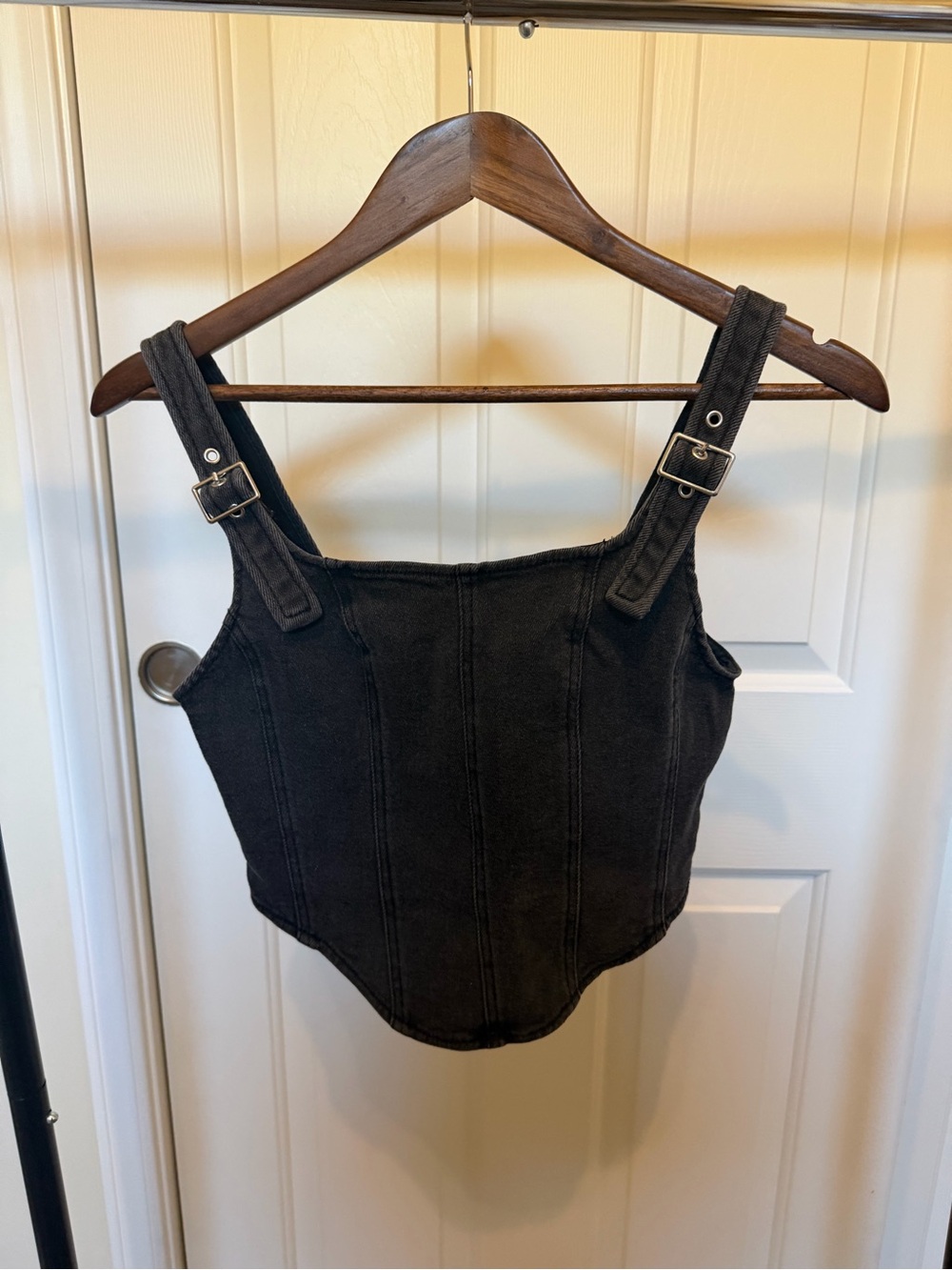 Black Denim Corset Tank Top with Adjustable Straps